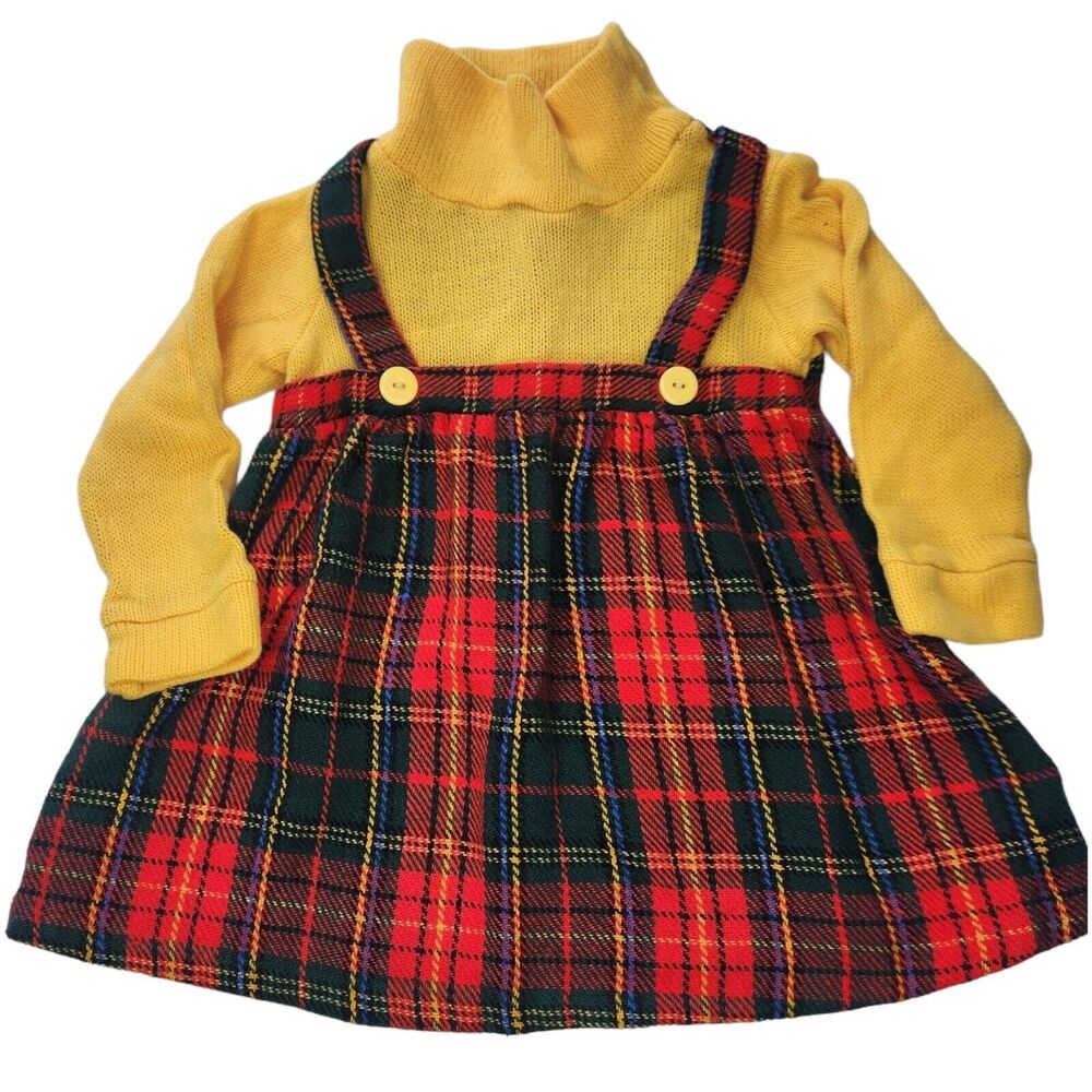 Vintage Plaid Jumper Dress Size 4 Yellow Red Blue One Piece Long Sleeve